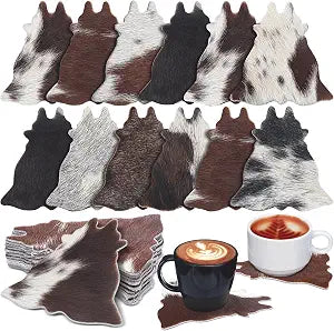 Hushee 12 Pcs Cowhide Coasters Round Natural Leather Drink,Cow Shape