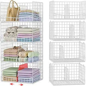 Hongtamoya 4-Tier Closet Organizers and Storage Basket with Divider, Foldable Closet Shelf Organizer System, Space-Saving Clothes Storage Drawer Organizer Bins for Wardrobe Cupboard, White