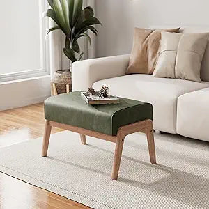 Modern Ottoman Foot Stool, Faux Leather Accent Sofa Footrest with Walnut Rubber Wood Frame, Ottoman Bench for Living Room Entryway Bedroom Sofa Seat, Hunter Green