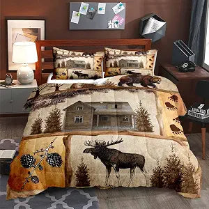LUVIVIHOME 3PCS Rustic Cabin Comforter Set Queen Size, Bear Deer Bedding Quilt, Elk Moose Woodland Forest Animal Wildlife Hunting Hunter Lodge Country Rustic Farmhouse Bedroom Decor, 2 Pillow Shams
