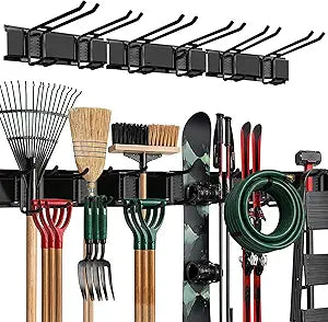 TIDYME Garage Wall Organizer | 48" Heavy-Duty Tool Storage Rack | Adjustable Double-Layer Hooks | 300 lbs Capacity | Carbon Steel Wall Mount Holder for Shovels, Rakes, Ladders & Power Tools