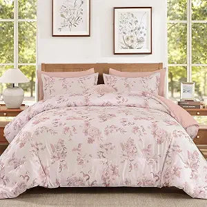 Dinjoy Floral Comforter Set Queen, Elegant 7 Piece Pink Bedding with Sheets