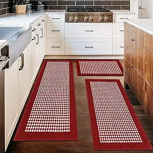 Ileading Christmas Kitchen Mat Sets 3 Piece Red Kitchen Floor Rugs with Non Slip Rubber Backing Machine Washable Runner Rugs for Winter Holiday Decor Laundry Hallway Doormat Valentine's Day