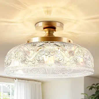 Semi Flush Mount Ceiling Light,Vintage Kitchen Fixture,Gold,12"