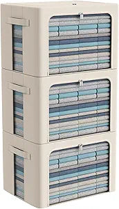 CYhom 3Pack Frame Storage Box - Clothes Storage Bin Bags Oxford Fabric Foldable Stackable Container Organizer Set with Clear Window & Carry Handles Large Capacity (Beige, Large-66L)