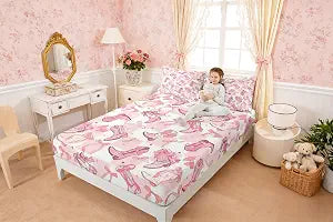 Manfei Western Cowgirl Boots Fitted Sheet,Cartoon Princess Style Pink Bowknots Starry Soft Decorative Fabric Bedding Pink White Plaids Patchwork Pocket Twin Size with 1 Pillowcase