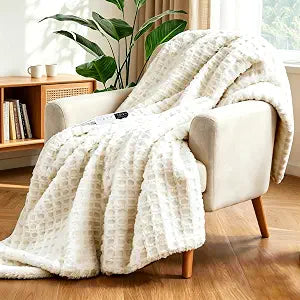 Heated Throw Blanket, Electric Blanket with Fast Heating, ETL Certified & NTC Overheat Protection, 6 Heat Settings & 1-4H Auto Off Timer, Soft Waffle Faux Fur & Sherpa Blanket for Couch, Beige