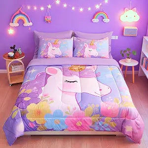 Twin Comforter Set for Girls 5 Piece Purple Unicorn Bedding Set for Girls Super Soft Microfiber Bed Set Bed in a Bag with Comforter Sheets Pillowcase & Sham