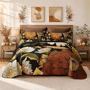 Tyrot 2 Piece Black Boho Floral Twin Quilt Bedding Sets
