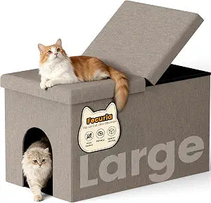 3-in-1 Cat Litter Box Enclosure with Odor Control, Multi-Functional Hidden Litter Box Furniture Bench, Dog Proof, Space-Saving Ottoman Cabinet with Flip-Up Lid, Storage Footrest, Light Grey