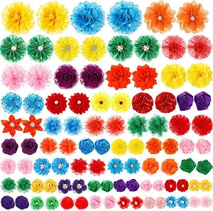 Hoteam 100 Pcs Dog Flower Collar Bows Pet Multicolor Bow Charms Set with Elastic Rubber Band for Summer Party Dogs Puppy Cat Pet Grooming Accessories