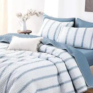 Wake In Cloud Striped Quilt Set, Greyish Blue, Queen/Full
