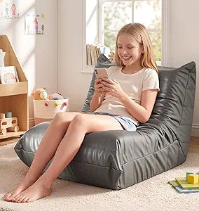 Hobestluk Small Bean Bag Chair Leather Beanbag Lazy Floor Sofa Bean Bags with Memory Foam Filled Waterproof Lounge Sofa Armless Chair for Bedroom Playroom Dorm and Reading (Grey, Medium)