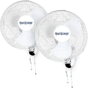 Hurricane 2-Pack 16" Classic Oscillating Wall Mounted Fan with 3 Quiet Speeds, White - Indoor Air Cooling Unit with Hanging Pull Cords for Home Garage, Office, Shed, and Grow Tents
