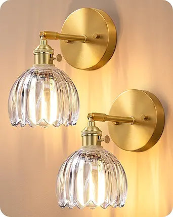 EDISHINE Hardwired Vintage Wall Sconces Set of Two, Brass Gold Wall Lamp with Transparent Tulip Glass Lampshade 180 Adjustable, Modern Wall Lighting Fixtures with Switch for Bathroom Bedroom Hallway