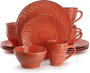 Elama Malibu Jasper 16-Piece Stoneware Embossed Pattern Reactive Glaze Orange Dinnerware Set, Tableware, Serveware Set (Jasper Orange)