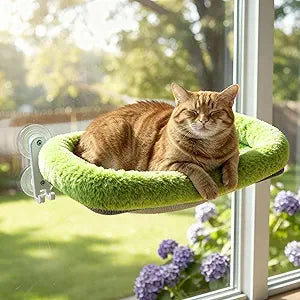Cordless Cat Window Perch, Foldable Cat Window Hammock, 4 Strong Suction Cups, Solid Metal Frame, Patented Hook Design, Cushion Green, L