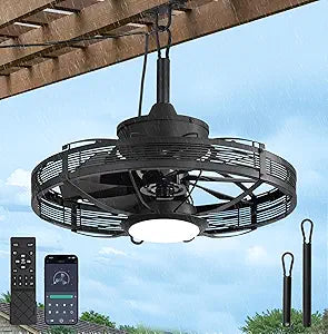 LEDIARY 20" Outdoor Ceiling Fan with Lights, IP65 Waterproof Gazebo Fan, Plug-in Outdoor Hanging Fan Remote&APP Control, 6 Speeds, 3CCT Dimmable, Caged Ceiling Fan for Gazebo, Patios, Porch,Pergola