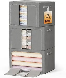 Clothes Storage Bins with Metal Frame, Foldable Clothes Organizers Storage Containers for Clothes, Sheets, Blankets, Pillows and Towels (100L, 3 Pack, Deep Grey)