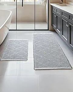 Furicher Waffle Bath Mat Set, Non Slip Bathroom Rugs Sets 2 Piece, Ultra Absorbent Long Bath Rug Runner for Bathroom Decor, Machine Washable Boho Mats, Grey & White, 20"47" Plus 18"30"