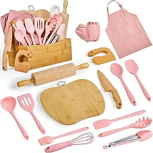 Pulcher Kids Cooking & Baking Sets Real Little Chef Cooking Utensils Kitchen Set Gifts for Girls Boys Juniors with Utensils Cutting Board Kids Safe Knife Rolling Pin Apron Carrying Basket (Coral Pink)