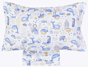 Scientific Sleep Sea Animals Dolphin Whale Octopus Jellyfish Cute Fun 100% Cotton Cozy Twin Bed Sheet Set, Flat Sheet & Fitted Sheet & Pillowcase Natural Bedding Set (Blue Whale, Twin)