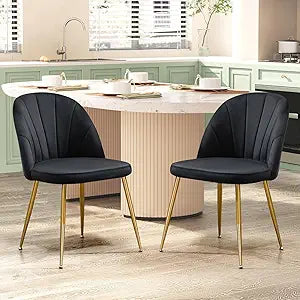 Dining Chairs Set of 2, Mid Century Modern Style, Black Velvet Upholstered, Gold Metal Legs, for Kitchen & Dining Room