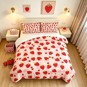 Strawberry Bedding Set Full/Queen Size Pink Fruits Comforter for Kids Girls Teen Women Kwaii Bedroom Decor Cute Quilt Bed Sets, 1 Comforter 2 Pillowcases