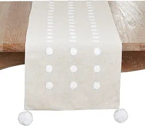 SARO LIFESTYLE Textured Dot & Pom Detail Linen Blend Table Runner Non-Reversible Lined Runner for Dining Tables & Consoles, 16"x70"