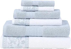 Modern Threads Allie 6-Piece 100% Cotton Towel Set Jacquard Floral Border Includes 2 Bath Towels, 2 Hand Towels, 2 Washcloths Absorbent, Quick Dry, Soft & Durable Light Blue
