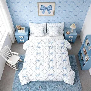 Erosebridal Bowknot 7 Piece Comforter Set Twin Bow Knot Bedding for Kids Butterfly Knot Bow Tie Sheet Set Bed in A Bag Aesthetic Coquette Bedroom Decor Geometric Cartoon Blue Bed Set
