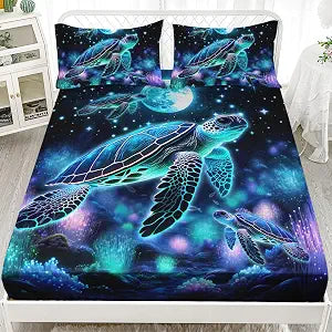 AILONEN Sea Turtle Fitted Sheet Set Twin XL Size, Ocean Bed Sheet Set Coral Jellyfish 3 Pieces Printed Sheet Set for Boys Girls,Evening Starry Moon Turtle Fitted Sheet with 2 Pillowcases