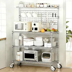 Leteuke Bakers Rack with Storage & Wheels, 42 Inch Microwave Stand Kitchen Shelves, 4-Tier Heavy Duty Storage Rack with 20 S-Hooks, Commercial Metal Utility Kitchen Cart, 42 18 63 Inch, Chrome