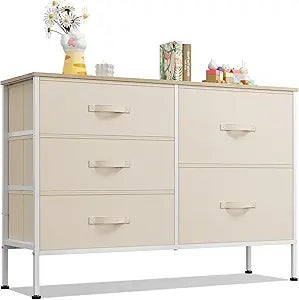 WLIVE Dresser for Bedroom with 5 Drawers, Wide Chest of Drawers for Bedroom, Fabric Dresser for Living Room, Closet, Hallway, Cream White