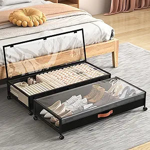 Under Bed Storage Containers with Wheels Large Underbed Shoes Blankets Clothes Toy Storage Drawers for College Dorms Bedrooms Nursery Rooms Organization (Black 2 Pack, 7.5in height(36"x16.6"x7.48"))