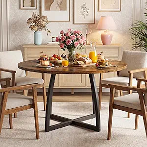 CHOEZON 47.2-Inch Round Dining Table for 4-6, Farmhouse Kitchen Table with Retro Brown Tabletop, Curved Black Metal Legs, Reinforced Frame and Adjustable Feet, Easy Assembly TCZ13BFC1