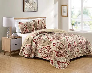 Luxury Home Collection 3 Piece King/California King Quilted Reversible Coverlet Bedspread Set Floral Printed Taupe Red