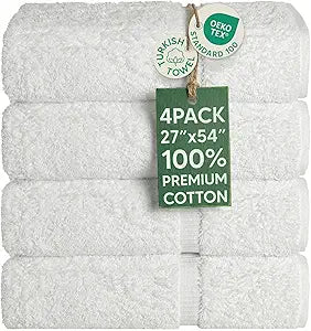 Chakir Turkish Linens 4 Piece Bath Towel Set, 100% Cotton Luxury Turkish Towels for Bathroom, Soft Absorbent Bath Towels, 27 x 54 Inches, White