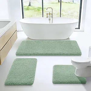 Microfiber Thick Bathroom Rugs Set 3 Piece, Flurry Non Slip Bath Rug, Soft Plush Absorbent Bathroom Mat, Machine Washable Luxury Toilet Rug Set, Bath Mat for Tab, Shower and Bathroom, Sage Green