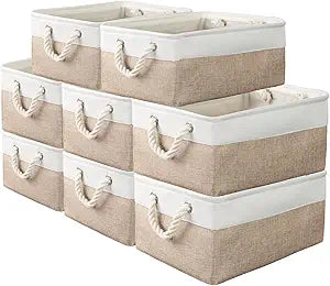 8 Pack Storage Basket Bins - Decorative Baskets Bulk Storage Box Cubes Containers with Handles for Clothes Storage Bathroom, Garage, Books, Home, Office, 13.7L x 9.8W x 6.7H (White&beige)