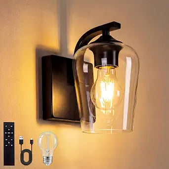 Battery Operated Wall Sconce, Rechargeable Magnetic Wall Lamp with Remote Control, Dimmable LED Bulb & Clear Glass Shade, Wireless Light for Bedroom Bathroom Hallway Farmhouse Decor