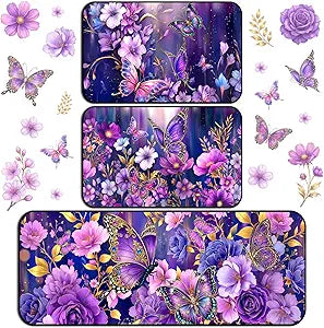 Drydiet 3 Pcs Kitchen Rugs and Mats Set, Purple Butterfly Floral Non Slip Kitchen Floor Mats, Waterproof Farmhouse Runner Rug Set for Home Bathroom Door Party Decor, 17 x 29 and 17 x 47 Inch
