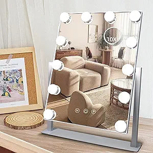 Hollywood Vanity Mirror with Lights, 12 Dimmable LED Bulbs Lighted Makeup Mirror with Detachable 10X Magnification Mirror, 1000mAh Rechargeable, 3 Color Lights, Touch Control