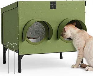 Outdoor Cat Feeding Station Waterproof Dining Shelter for Feral & Community Cats, Insulated Roof & Walls, Dual-Feed Hole Design, Connects to Cat House Green, 16"12"15.5"