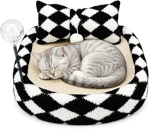 FurSo Cat Scratcher Bed for Indoor Cats Sisal Scratch Pad Lounge with Spring Treat Ball, Plush Pillow & Play Toy | Diamond Design Cat Scratching Board | Protects Furniture