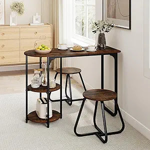 GOFLAME 3-Piece Dining Table Set, Wooden Industrial Kitchen Table and 2 Stools with 2-Tier Storage Shelves and Metal Frame, Space Saving Dinette Set for Living Room, Breakfast Nook, Rustic Brown