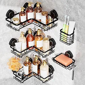 KEGII 5 Pack Corner Shower Caddy Suction Cup, Large Capacity Bathroom Organizer with Soap Dish & Toothbrush Holder, No Drilling Stainless Steel Wall Mounted Shower Storage, Black