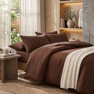3pc Queen Duvet Cover Set, Washed Microfiber Solid Cocoa Brown