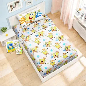 Nick Spongebob Sheet Set - Bundle of Spongebob Bedding Including: Flat Sheet, Fitted Sheet, and Pillowcase for Twin Bed Plus Stickers, More for Kids