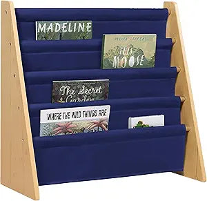 Wildkin Wooden Sling Bookshelf for Kids Premium Canvas Design with 4 Fabric Shelves, Organizer for Home or Classroom - Natural w/Dark Blue